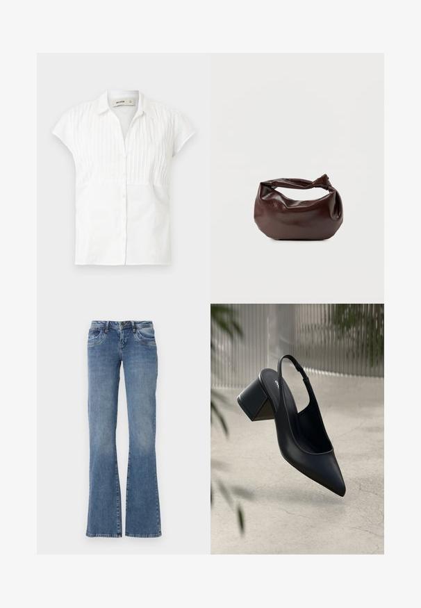 Chemise blanche à manches courtes avec un devant boutonné, présentant des fines rayures verticales sur la partie supérieure et une section inférieure lisse. Matière en coton.; Jean en denim bleu avec poches avant, passants de ceinture, et une légère évasement en bas, présentés sur un fond blanc.; Escarpin noir en cuir avec un bout pointu et un talon bloc. Texture lisse, design minimaliste et bride de cheville réglable.; Sac bandoulière en cuir marron foncé avec une forme souple et décontractée et une anse nouée torsadée sur un fond blanc uni.