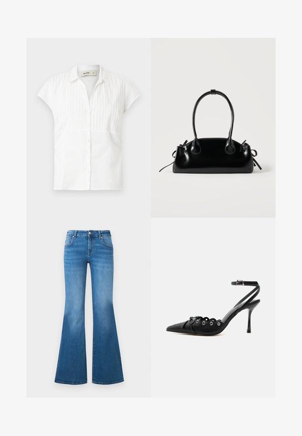 Chemise blanche à manches courtes avec un devant boutonné, présentant des fines rayures verticales sur la partie supérieure et une section inférieure lisse. Matière en coton.; Jean en denim bleu évasé avec une taille mi-haute, cinq poches et des détails décolorés sur les cuisses. Accents en métal argenté sur les boutons.; Chaussure à talon haut noire à bout pointu, bords festonnés, œillets métalliques, lacets à l'avant et bride de cheville avec fermeture à boucle.; Petit sac à main noir brillant avec deux longues anses et des détails à cordon sur les côtés sur un fond clair uni.