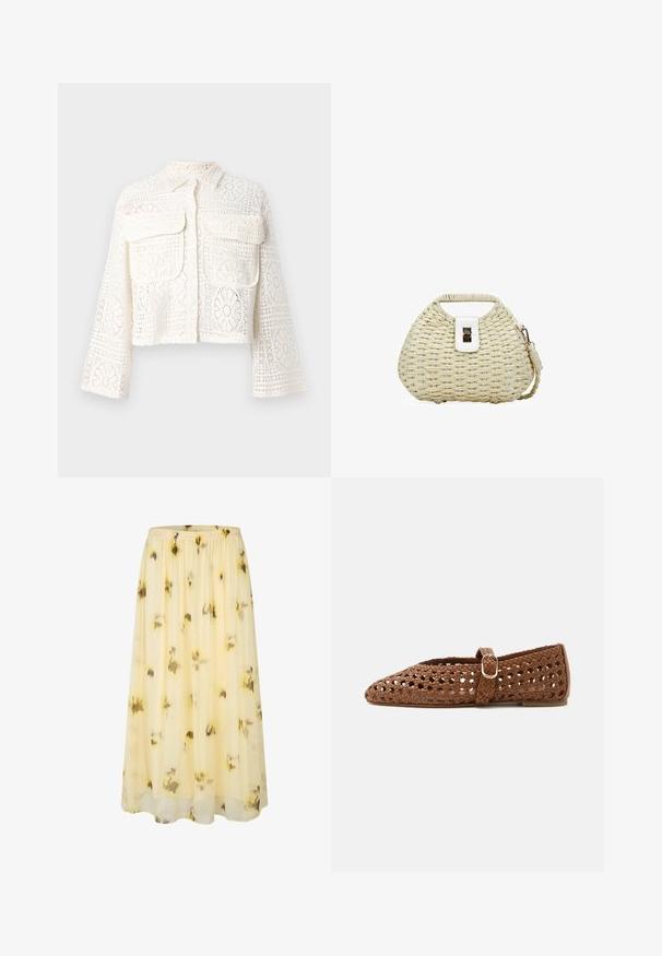 Chaqueta de crochet de manga larga color crema con patrones florales y dos bolsillos con solapa en el pecho, cierre de botones y cuello clásico.; Falda midi amarilla con cinturilla elástica y estampado floral abstracto marrón sobre tela ligera.; Zapato plano marrón tejido con correa ajustable y hebilla dorada, con punta cerrada y diseño de rejilla transpirable.; Bolso de mano de paja tejida con forma curva, cierre de cuero blanco, asa pequeña y correa de hombro desmontable con cierre dorado.