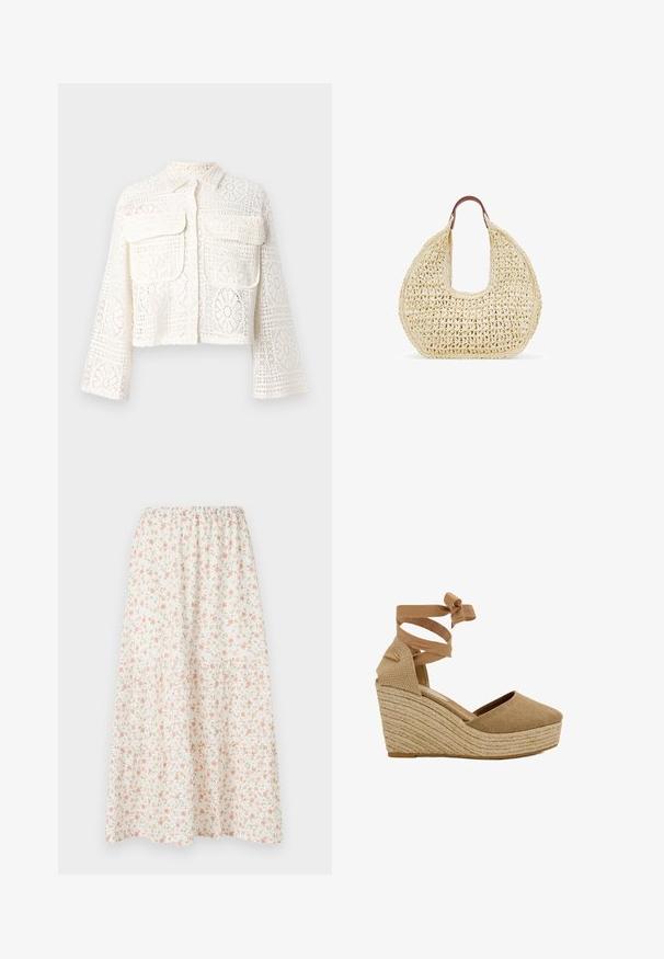 Chaqueta de crochet de manga larga color crema con patrones florales y dos bolsillos con solapa en el pecho, cierre de botones y cuello clásico.; Falda midi floral con fondo blanco y flores en tonos rosa y verde, cinturilla elástica y diseño en capas para mayor volumen.; Alpargata cuña marrón claro con suela de cuerda trenzada y lazo para atar en el tobillo sobre fondo blanco.; Bolso de paja trenzada en color crema con forma curva y parte superior semiaperta. Presenta dos asas de cuero marrón y una textura tejida intrincada.
