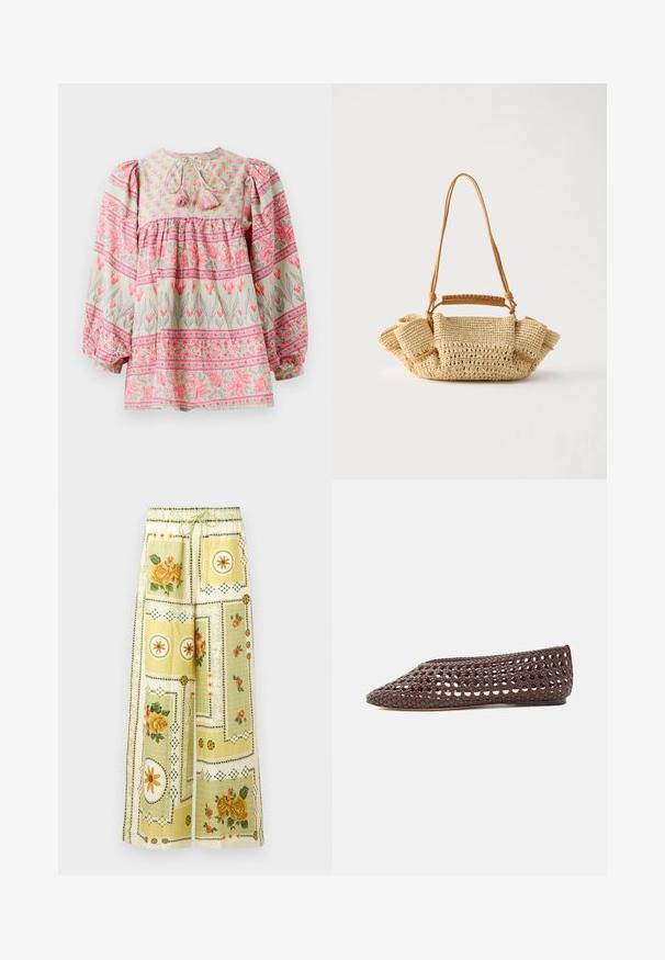 Blomstermønstret bluse i lys grøn med lyserøde og hvide detaljer, der har en rynket bodice og puffede ærmer, bundet bagpå med kvaster.; Bukser med vide ben med lysegule blomster- og geometriske patchworkmønstre, med elastisk talje og snørelukning.; Brun flad sko med vævet åbent design og lukket rundet tå, vist fra siden på en lys baggrund.; Vævet beige håndtaske med en lang tynd strop og opsamlede sider, med et kort håndtag indpakket i læder til forskellige bære muligheder.