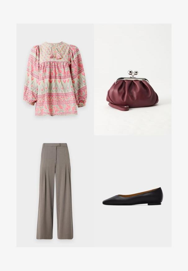 Blomstermønstret bluse i lys grøn med lyserøde og hvide detaljer, der har en rynket bodice og puffede ærmer, bundet bagpå med kvaster.; Viddebukser i lysebrunt stof, med læg, flad front og en ren kant. Glat tekstur med en subtil glans.; Sort læder flad sko med spids tå, lav hæl og glat finish, vist fra siden på en lysegrå baggrund.; Lille bordeauxlæder clutch-pung med sølv metal lukning og håndledsrem på hvid baggrund.