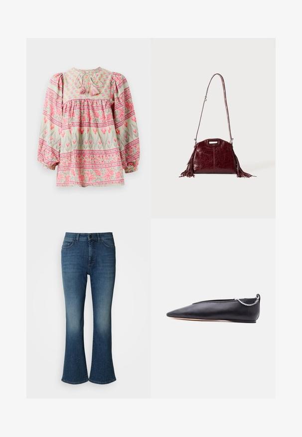 Blusa de estampado floral en verde claro con acentos en rosa y blanco, que presenta un cuerpo fruncido y mangas abullonadas, atada en la parte de atrás con borlas.; Vaqueros acampanados en azul oscuro con acabado desgastado. Cuentan con cierre de botón, cinco bolsillos y detalles de tachuelas en el dobladillo.; Zapato plano de cuero negro con punta, tacón bajo y detalle de cadena plateada en la parte trasera sobre un fondo liso.; Bolso de hombro de cuero rojo oscuro con detalles de flecos y correa ajustable con hebilla plateada sobre un fondo claro liso.
