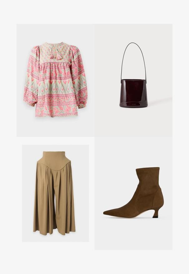 Bluse mit floralen Mustern in Hellgrün mit rosa und weißen Akzenten, featuring ein gerafftes Oberteil und Puffärmel, im Rücken mit Quasten gebunden.; Hoch taillierte, weit geschnittene, beige Hose mit Falten und einem eng anliegenden Bund, dargestellt auf hellem, flachem grauem Hintergrund.; Brauner Knöchelstiefel mit spitzer Zehenpartie und niedrigem Kittenabsatz, hergestellt aus glattem Material, vor einem schlichten Hintergrund präsentiert.; Dunkelbraune glänzende Eimer-Handtasche mit langem dünnem Riemen und minimal sichtbarer Naht auf hellem Hintergrund.
