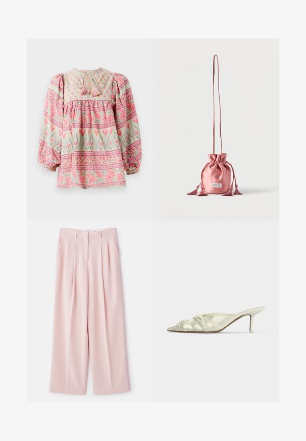 Blomstermønstret bluse i lys grøn med lyserøde og hvide detaljer, der har en rynket bodice og puffede ærmer, bundet bagpå med kvaster.; Lys rosa bukser med brede ben, frontfald, en struktureret talje og en glat stofoverflade. Har to sidelommer.; Hvide satin mule med spids tå, rynkede detaljer og en slank mellemhøj hæl på ensfarvet baggrund.; Lyserød satinpose med snor, lang rem og kvastdetaljer, stående oprejst på en ensfarvet hvid baggrund.