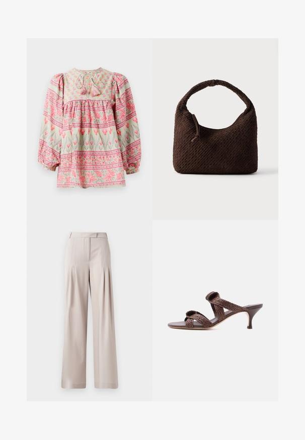 Blomstermønstret bluse i lys grøn med lyserøde og hvide detaljer, der har en rynket bodice og puffede ærmer, bundet bagpå med kvaster.; Beige vidde bukser med en glat tekstur, plisseret frontdesign og en skræddersyet talje. Velegnet til formelt eller afslappet brug.; Brun vævet læder-sandal med to remme og en lav kittenhæle på en ensfarvet hvid baggrund.; Brun flettet håndtaske med rundt håndtag, lavet af tekstureret materiale. Har lynlås lukning og en lille logo detalje.