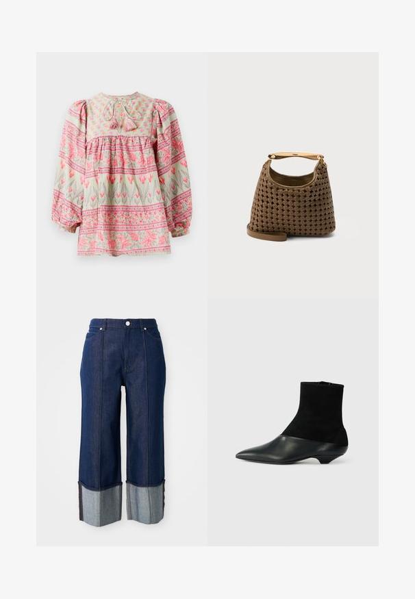 Blusa de estampado floral en verde claro con acentos en rosa y blanco, que presenta un cuerpo fruncido y mangas abullonadas, atada en la parte de atrás con borlas.; Jeans de pierna ancha azul oscuro con puños doblados que muestran un tono más claro de denim por dentro, con botón frontal y bolsillos sobre un fondo blanco.; Bota negra hasta el tobillo con parte superior de ante texturizado y puntera de cuero liso. Presenta una puntera afilada y un diseño único de tacón bajo en cuña.; Bolso de mano de cuero marrón tejido con asa superior curva dorada y correa de hombro desmontable sobre fondo liso.
