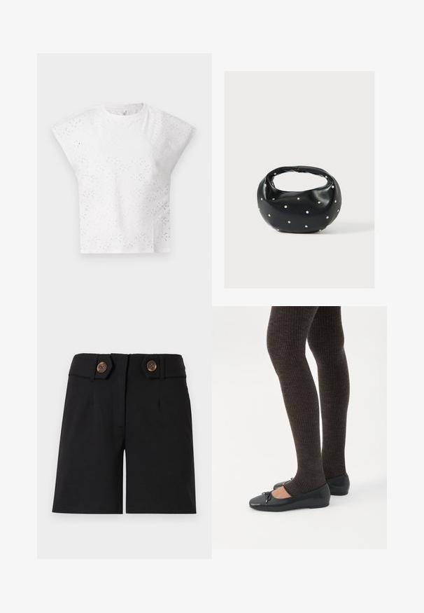 Top blanc à manches courtes avec un design en œillets texturés, des épaules structurées et un col rond. Tissu léger.; Shorts noirs sur mesure à taille haute, avec deux grands boutons marron sur les pattes latérales et un détail de couture frontale.; Jambes portant des leggings côtelés foncés associés à des ballerines noires avec de petits détails en nœud sur fond blanc.; Sac à main en cuir noir de forme arrondie, décoré de clous argentés et équipé d'une poignée courte. Texture lisse et fermeture éclair.