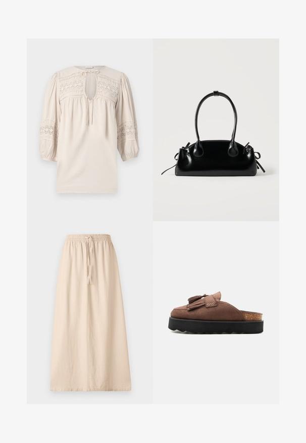 Hellbeige Bluse mit rundem Ausschnitt, gepufften Ärmeln und gestickten Spitzen-Details. Verfügt über eine Schlüsselöffnung und strukturierten Stoff.; Beige, knöchellange Rock aus leichtem Stoff mit elastischem Bund und verstellbarem Kordelzug. Besitzt eine lockere, gerade Silhouette.; Brauner Slip-on-Clog aus Wildleder mit schwarzer Plateausohle, Korkfußbett und dekorativen Quasten oben vor einfarbigem Hintergrund.; Kleine schwarze glänzende Handtasche mit zwei langen Griffen und seitlichen Kordelzug-Details vor einfachem hellem Hintergrund.