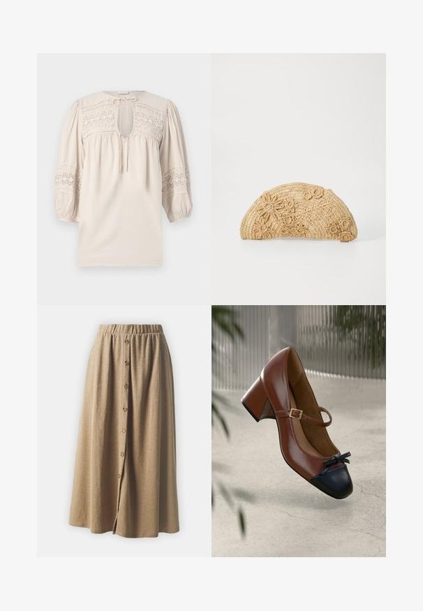 Blouse beige clair avec un col rond, des manches bouffantes et des détails en dentelle brodée. Présente une ouverture en forme de clé et un tissu texturé.; Jupe midi kaki avec une taille élastique froncée et un devant avec des boutons, comportant cinq boutons ronds, fabriquée dans un tissu doux et texturé.; Talons Mary Jane en cuir marron avec bout noir, nœud noir, bride à boucle dorée et talon bloc sur un sol clair texturé.; Vanessa Bruno Pochette - naturel