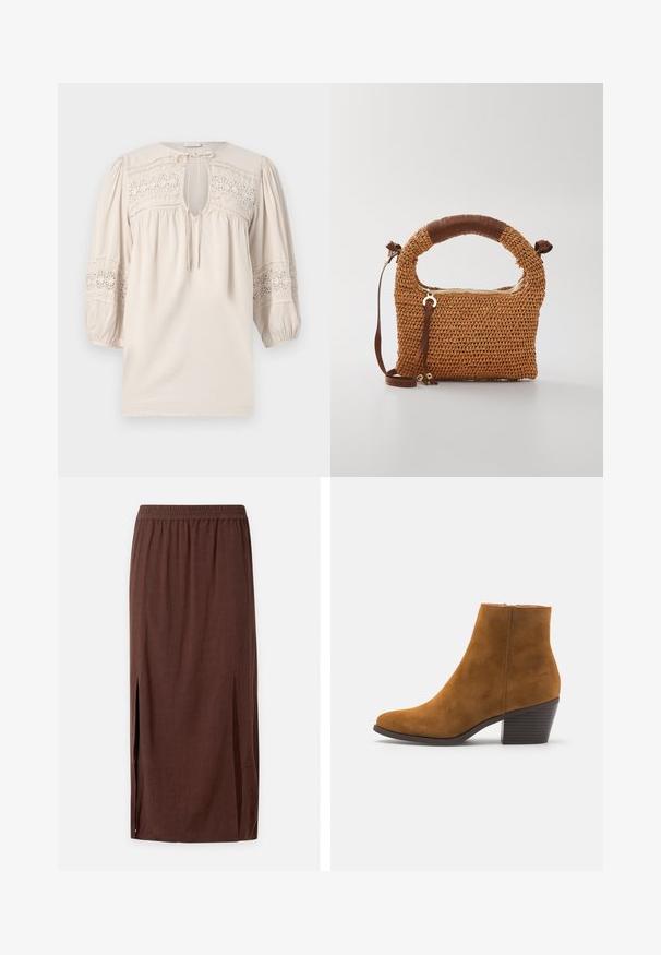 Hellbeige Bluse mit rundem Ausschnitt, gepufften Ärmeln und gestickten Spitzen-Details. Verfügt über eine Schlüsselöffnung und strukturierten Stoff.; Brauner Midirock mit elastischem Bund und seitlichen Schlitzen, aus leichtem Stoff gefertigt.; Braune Wildleder-Ankle Boots mit spitzer Zehenform und gestapeltem Absatz. Glatte Textur mit einem seitlichen Reißverschluss zum Schließen. Klassisches Design und Form.; Braune geflochtene Handtasche mit einem runden Griff. Verfügt über einen Reißverschluss und einen verstellbaren Gurt, ergänzt durch ein Lederakzent am Griff.