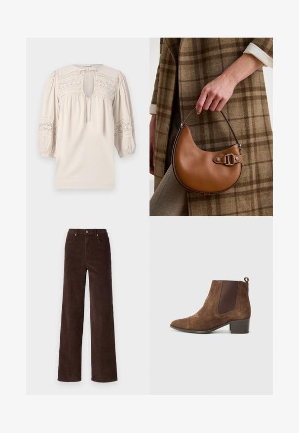 Heled beez bluus ümmarguse kaelusega, puff-särkidega ja tikitud pitsi detailidega. Omab võtmeaugu avadust ja tekstureeritud kangast.; Vero Moda VMTESSA WIDE PANTS - Püksid - chocolate torte; Pruunid nahast pahkluu saapad elastsete külgpaneelidega, terava ninaga ja kuhjatud kontsaga. Omab tõmbeaasa mugavaks jalga panemiseks.; Käsi hoiab pruuni nahast poolkuukujulist käekotti hõbedase pandlaga, seljas pruun ruuduline mantel ja valge varrukaga varrukas.