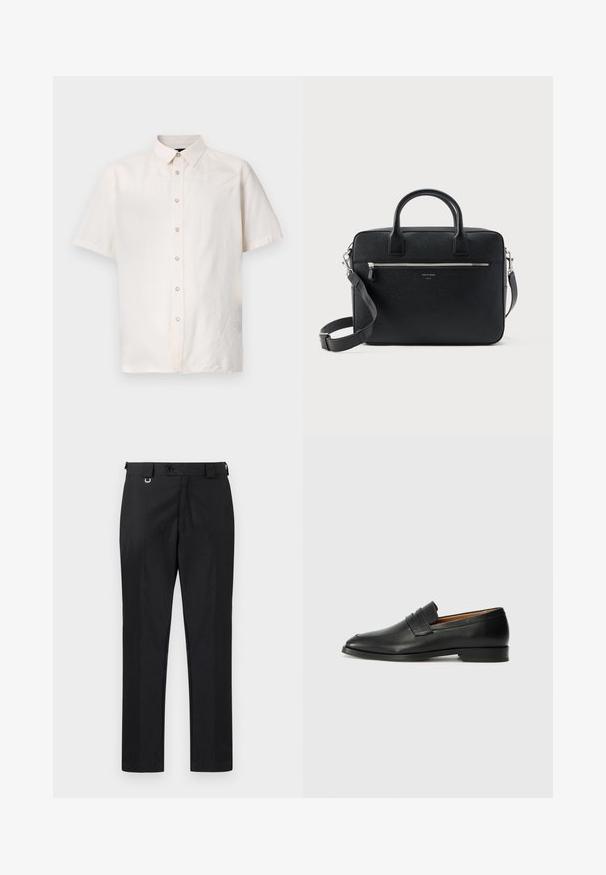 Chemise à manches courtes en tissu beige clair, dotée d'un devant boutonné, d'un col modeste et de détails de couture simples sur les côtés.; Pantalons tailleur noirs avec une coupe droite, comprenant une fermeture à boutons et des passants de ceinture. Texture lisse avec un minimum de détails.; Mocassin en cuir noir avec un bout arrondi, des coutures subtiles et un talon bas, présentant une texture lisse et un design minimaliste.; Serviette rectangulaire en cuir noir texturé avec double poignée, poche avant zippée et bandoulière réglable présentée sur fond blanc.