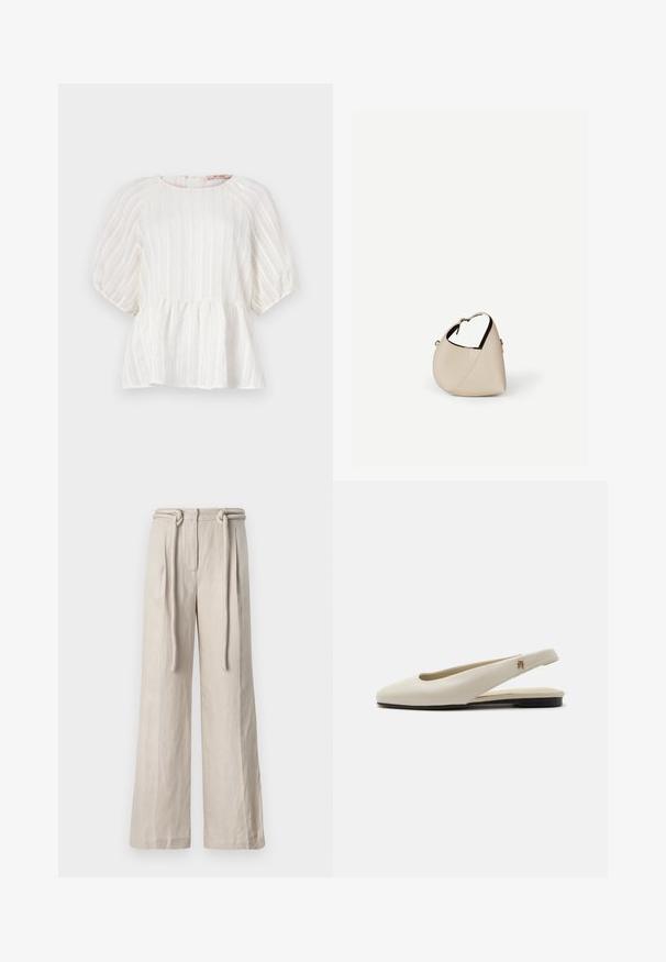 Blusa blanca con rayas verticales, mangas cortas abullonadas, cuello redondo y dobladillo peplum fruncido. Fabricada en un tejido ligero y texturizado.; Pantalones de pierna ancha en lino beige claro con una cintura alta, pliegues frontales y un detalle de cinturón atado. Textura suave y ajuste relajado.; Zapato plano slingback de cuero color crema con puntera redondeada y pequeño emblema dorado en la correa.; Bolso de cuero beige en forma de media luna con una sola correa para el hombro y costuras mínimas, colocado sobre un fondo blanco liso.