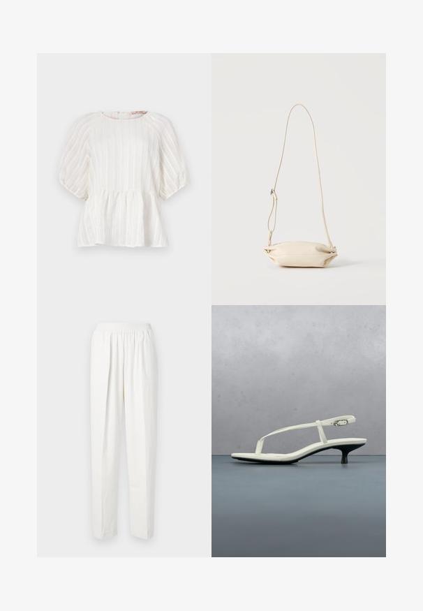 Blusa blanca con rayas verticales, mangas cortas abullonadas, cuello redondo y dobladillo peplum fruncido. Fabricada en un tejido ligero y texturizado.; Pantalones blancos de cintura elástica con corte recto, que presentan un material suave y sutiles pliegues frontales para añadir textura y detalle de diseño.; Sandalia blanca de tacón kitten con tiras y punta afilada, flotando sobre un suelo de baldosas de madera al aire libre, con un fondo desenfocado de plantas y pared.; Bolso bandolera pequeño de cuero beige con correa ajustable, mostrado sobre un fondo claro y liso.