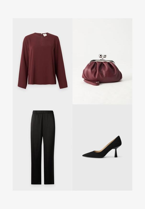 Blouse à manches longues bordeaux avec un petit décolleté en forme de clé à l'avant et une fermeture éclair dissimulée au col.; Pantalons noirs à jambes droites avec ceinture élastique, en tissu lisse, sans poches ni embellissements visibles, présentés sur un fond blanc.; Pompe à talons hauts en suède noir avec un bout pointu, dotée d'un talon bloc noir brillant et d'une doublure intérieure lisse.; Petit sac pochette en cuir bordeaux avec fermoir métallique argenté et bracelet sur fond blanc.