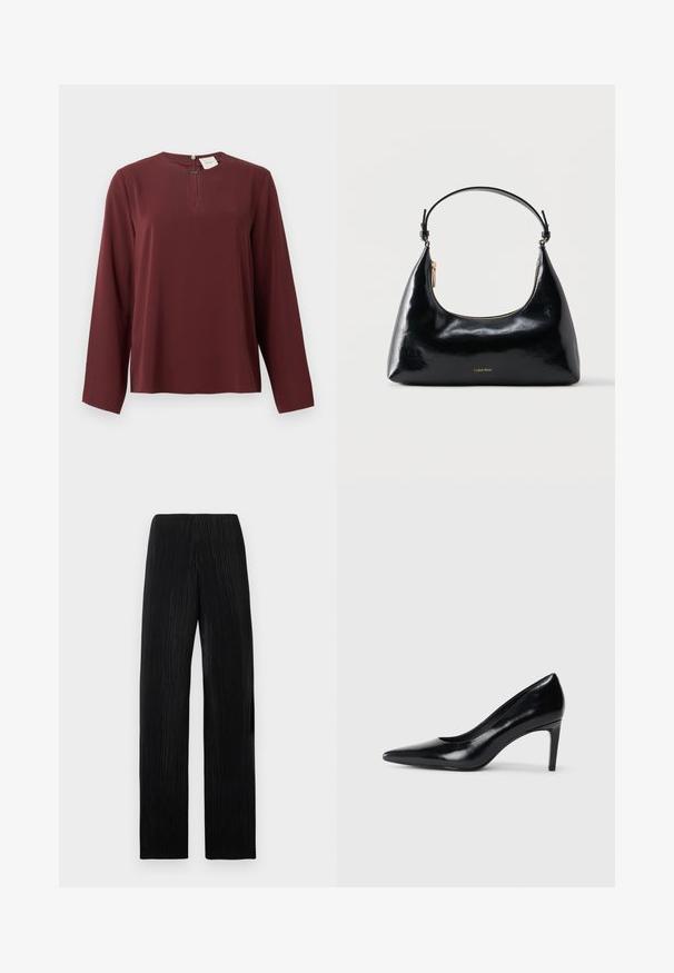 Blouse à manches longues bordeaux avec un petit décolleté en forme de clé à l'avant et une fermeture éclair dissimulée au col.; Pantalon noir taille haute à jambes larges avec des plis verticaux subtils, présenté à plat sur un fond gris clair.; Chaussure à talon haut en cuir noir avec un bout pointu, texture lisse et un talon effilé. Design minimaliste, sans embellissements supplémentaires.; Sac à main Calvin Klein noir brillant avec fermeture éclair dorée et anse courte sur fond blanc uni.