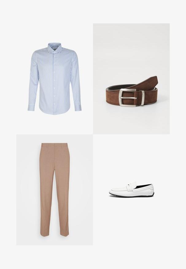 Chemise pour homme à manches longues, rayures bleu clair et blanches, fermeture à boutons sur le devant, col classique, tissu en coton, texture lisse, ourlet arrondi.; Pantalon beige sur mesure en tissu lisse et texturé. Coupe droite avec une taille à la taille et sans ornements visibles ni poches.; Mocassins en cuir blanc avec une finition lisse, présentant un accent cousu, un bout rond et une semelle en caoutchouc noir pour l'adhérence.; Ceinture en suède marron avec une boucle en métal argenté et des détails de coutures linéaires. La ceinture est plate et a une largeur et une forme classiques.