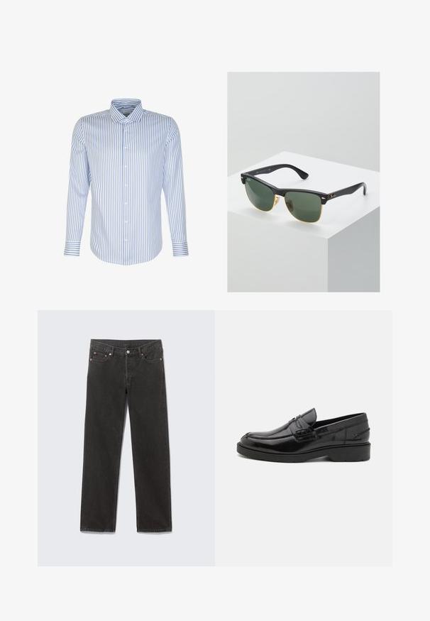 Herren Langarmhemd, hellblau mit weißen Streifen, knöpfbarer Frontverschluss, klassischer Kragen, Baumwollstoff, glatte Textur, abgerundeter Saum.; Schwarze Denim-Jeans mit geradem Bein, vorderen Taschen, Gürtelschlaufen und Knopfverschluss, flach auf einem grauen Hintergrund liegend.; Schwarze Lederloafers mit glatter Oberfläche, abgerundetem Zehenbereich, niedrigem Absatz und dekorativer Naht entlang der Vorderseite. Gummisohle für guten Halt.; Ray-Ban Sonnenbrillen mit grünen Gläsern, schwarzen Kunststoffrahmen und goldenen Akzenten an den Rändern. Quadratische Form mit matter Oberfläche.