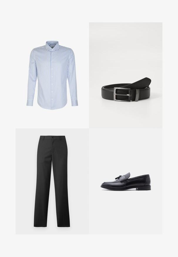 Herreskjorte med lange ærmer, lyseblå og hvide striber, knaplukning foran, klassisk krave, bomuldsstof, glat tekstur, buet kant.; Samsøe Samsøe SAJOHNNY TROUSERS - Bukser - turkish coffee; Sort læderloafer med tekstureret gråt stofpanel og kvastdetalje, lav hæl og rundet tå, vist fra siden mod en hvid baggrund.; Sort læderbælte med en sølvmetal spænde, der har en glat overflade og et klassisk design. Bæltet er pænt foldet.