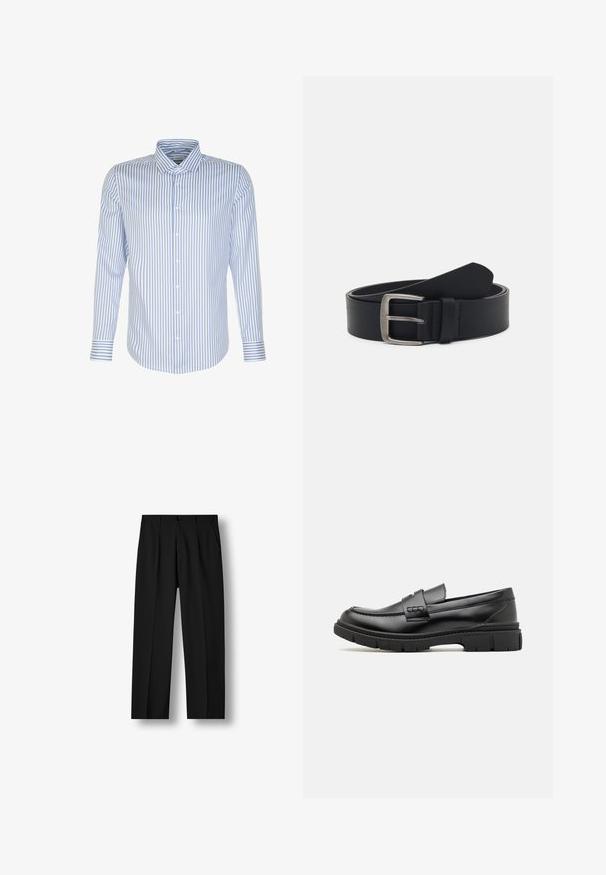 Herren Langarmhemd, hellblau mit weißen Streifen, knöpfbarer Frontverschluss, klassischer Kragen, Baumwollstoff, glatte Textur, abgerundeter Saum.; Schwarze gerade geschnittene Hose mit vorderen Falten, knöpfbarem Bund und Seitentaschen vor einem weißen Hintergrund.; Schwarze Lederloafer mit einem breiten Riemen über dem Rist, Gummisohle mit dicken Profilen und glatter Textur. Klassisches, schlankes Design.; Schwarzer Ledergürtel mit einer silbernen Metallschnalle, verfügt über eine glatte Oberfläche und ein klassisches Design. Der Gürtel ist aufgerollt, mit dem Ende nach oben gerichtet.