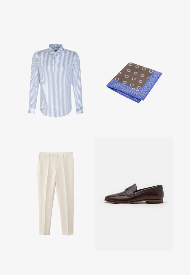 Herren Langarmhemd, hellblau mit weißen Streifen, knöpfbarer Frontverschluss, klassischer Kragen, Baumwollstoff, glatte Textur, abgerundeter Saum.; Beige maßgeschneiderte Hose mit Seitentaschen, Gürtelschlaufen, Knopfverschluss und einer vorderen Bügelfalte an jedem Bein.; Brauner Lederloafer mit einem geflochtenen Akzent über dem oberen Teil, glatte Oberfläche, leicht spitz zulaufende Schuhspitze und einem niedrigen, gestapelten Absatz.; Braunes und blaues Taschentuch mit kreisförmigen Mustern und gepunktetem Rand, gefaltet, an einer Ecke mit der Marke "Boggi Milano" versehen.