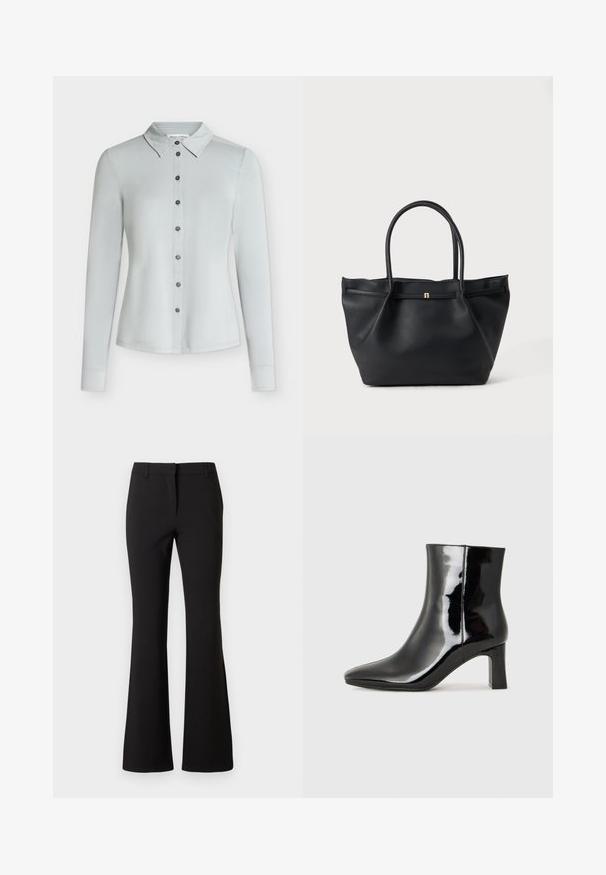 Chemise gris clair à manches longues, boutonnée, avec col, sept boutons foncés sur le devant et ourlet droit.; Pantalon évasé noir en tissu lisse, présentant un pli frontal, des passants de ceinture et une coupe ajustée. Design épuré sans motifs visibles.; Bottines en cuir verni noir avec un bout pointu et un talon block de hauteur moyenne. Texture lisse et design minimaliste.; Sac cabas en cuir noir texturé avec deux poignées arrondies et un petit fermoir doré à l'avant sur un fond uni.