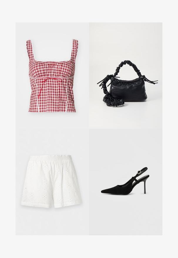 Rode en witte geruite stoftop met een vierkante halslijn, geplooid ontwerp, verstelbare rode strik en witte kantaccenten langs de randen.; Witte shorts met elastische taille, bloemrijke oogjesborduurwerk en een licht getextureerde stof.; Zwarte suède slingback hak met puntige neus, slanke stiletto hak, verstelbare enkelriem en gladde binnenvoering.; Zwarte nepleer handtas met een krokodillenstructuur, opgedroogde bovenkant en een gekreukte hengsel. Het lijkt zacht en compact van ontwerp.