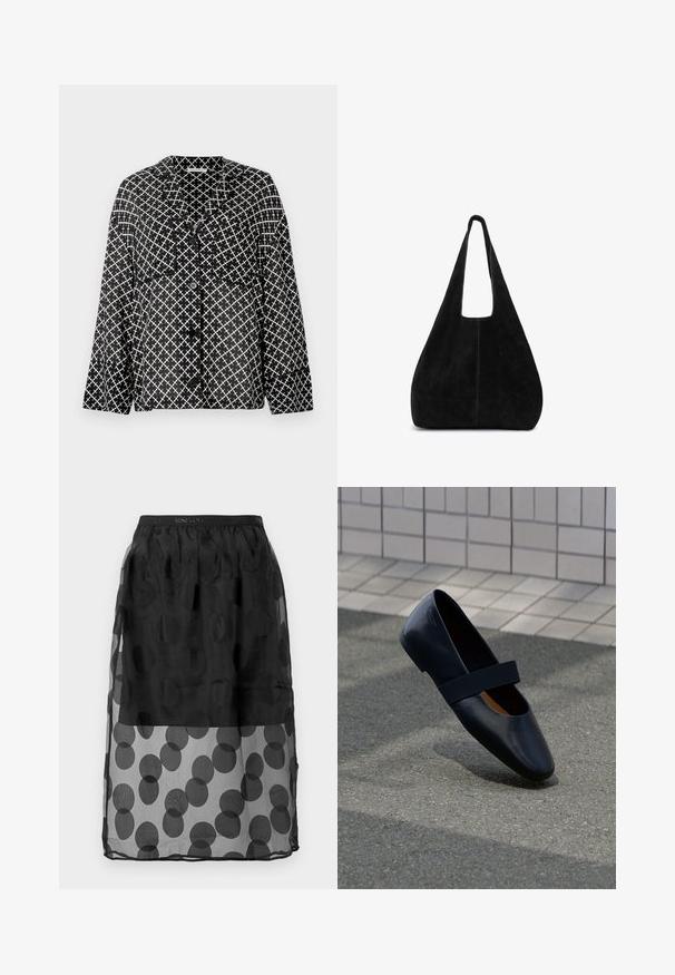 Chemise à motif noir et blanc avec col, poches avant et boutons. Présente un design géométrique à trames croisées sur un tissu léger.; Jupe noire transparente avec une ceinture texturée, ornée de grands pois noirs superposés sur un tissu semi-transparent.; Chaussure plate en cuir noir avec un bout arrondi, dotée d'une douce sangle élastique noire sur le cou-de-pied. Texture lisse et design minimaliste.; Sac à épaule en daim noir avec une large bandoulière et un design minimaliste, forme triangulaire et couture centrale visible.