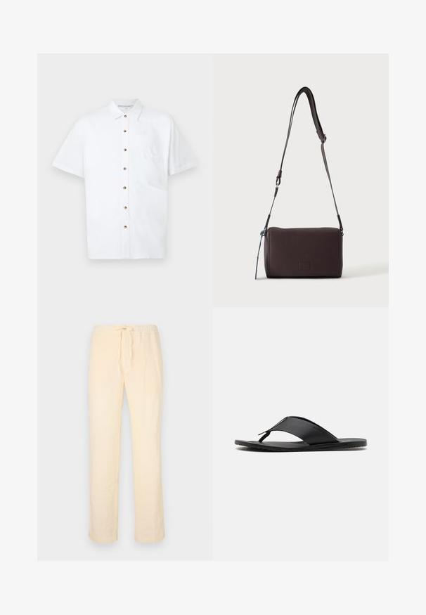 Chemise blanche à manches courtes en lin, dotée d'une fermeture à boutons sur le devant, d'une poche poitrine et de boutons en bois pour les accents.; Pantalons jaunes clairs, amples, en tissu doux, avec une taille élastique avec cordon de serrage et jambes droites.; Stuart Weitzman BASTIAN - Sandales tongs - black; Sac bandoulière en cuir marron foncé texturé avec une sangle réglable et un petit accent décoratif bleu sur le côté.