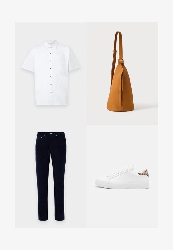 Chemise blanche à manches courtes en lin, dotée d'une fermeture à boutons sur le devant, d'une poche poitrine et de boutons en bois pour les accents.; Pantalons en velours côtelé bleu foncé pour hommes, coupe ajustée, avec poches avant et arrière, passants de ceinture et fermeture à bouton.; Baskets en cuir blanc avec une finition lisse, présentant un accent rayé coloré au niveau du talon, des œillets dorés et une semelle blanche plate.; Sac besace en cuir couleur fauve avec sangle réglable et poche verticale zippée, présenté de profil sur un fond clair uni.