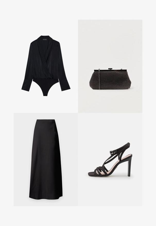 Svart langermet bodysuit med omslagdesign, laget av glatt stoff. Har en dyp halslinje og tettsittende overdel med klassisk snitt på bunnen.; Svart sateng maxi-skjørt med en jevn tekstur, høy midje, flytende silhuett, og ingen synlige mønstre eller maskindetaljer.; Bronx ALADIN - Sandaler - black; Svart mesh clutch-veske med en strukturert silhuett, prydet med små metalliske nagler, har en lås i lukking og et avtagbart kjedehåndtak.