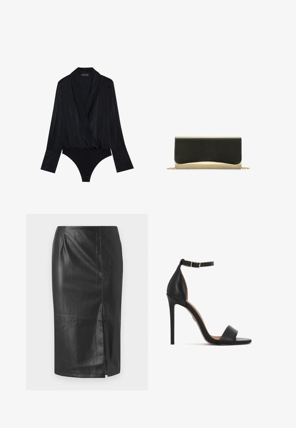 Body negro de manga larga con diseño cruzado, hecho de una tela suave. Presenta un escote profundo y un corpiño ajustado con un corte clásico en la parte inferior.; Falda lápiz de cuero negro con un diseño elegante, que cuenta con una abertura lateral y una textura suave, adecuada para uso formal o casual.; Sandalia de tacón alto de piel negra con una estrecha correa en el tobillo, diseño de punta abierta y tacón de aguja elegante. Textura lisa con acentos mínimos.; Bolso de mano con una parte superior negra suave y un fondo metálico dorado, que presenta un diseño de borde redondeado y una correa de cadena dorada.