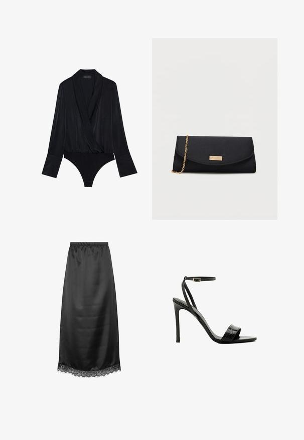 Zwarte lange mouwen bodysuit met een wikkeldesign, gemaakt van gladde stof. Heeft een diepe halslijn en een aansluitend lijfje met een klassieke snit onderkant.; Zwarte satijnen midi-rok met elastische tailleband en kanten rand aan de zoom.; Zwarte hoge hakken sandalen met een krokodillenstructuur, open teen en dunne verstelbare enkelband. Slanke hak en minimalistisch ontwerp.; Zwarte envelop clutch tas met een gouden ketting schouderriem en een klein gouden rechthoekig logo plaatje op de voorflap.