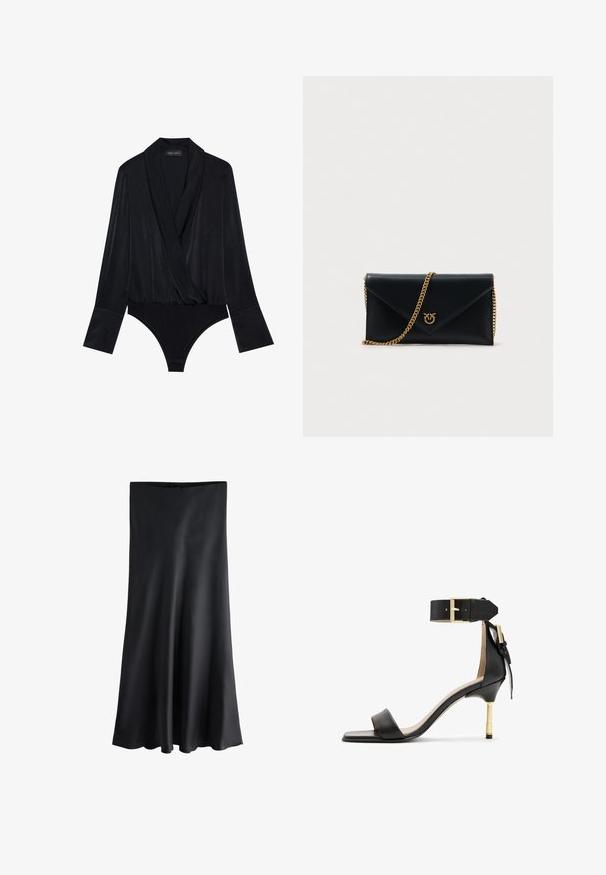 Body negro de manga larga con diseño cruzado, hecho de una tela suave. Presenta un escote profundo y un corpiño ajustado con un corte clásico en la parte inferior.; Falda midi de satén negro con textura suave, cintura alta y ligera abertura en el dobladillo, mostrada sobre un fondo blanco.; Sándal de tacón de cuero negro con punta cuadrada, correa en el tobillo con hebilla dorada y un tacón metálico esbelto. Textura suave, diseño minimalista.; Clutch sobre de cuero negro con una cadena dorada y un emblema dorado. Presenta una textura suave y una forma estructurada.