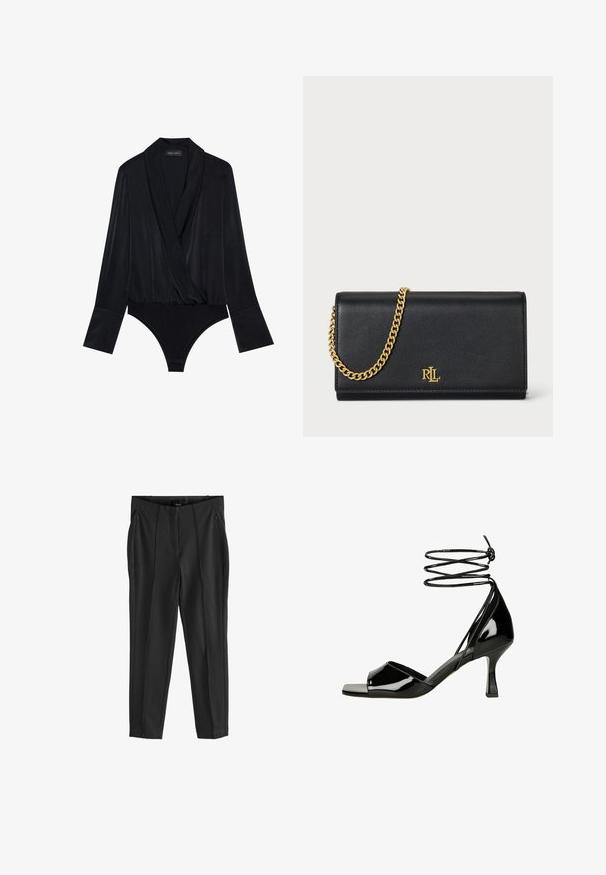 Bodysuit noir à manches longues avec un design enveloppant, fabriqué en tissu lisse. Présente un décolleté plongeant et un buste ajusté avec un bas à coupe classique.; Pantalons noirs fuselés avec une texture lisse, dotés de deux poches zippées à l'avant et de plis avant pour un design structuré.; Sandale à talon ouvert en cuir verni noir avec des lanières enroulées autour du bas du mollet et un talon incurvé de hauteur moyenne et fine.; Portefeuille en cuir noir avec une bandoulière en chaîne dorée, arborant un logo doré sur le devant. Design minimaliste avec une texture lisse et une forme élégante.