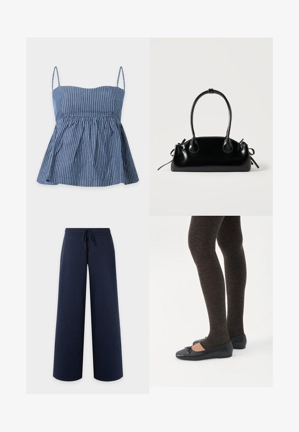 Haut sans manches à rayures verticales bleues et blanches avec fines bretelles et taille froncée, créant un ourlet évasé.; Pantalon bleu marine à jambe large, taille élastique et cordon, vu de face sur fond uni clair.; Jambes portant des leggings côtelés foncés associés à des ballerines noires avec de petits détails en nœud sur fond blanc.; Petit sac à main noir brillant avec deux longues anses et des détails à cordon sur les côtés sur un fond clair uni.