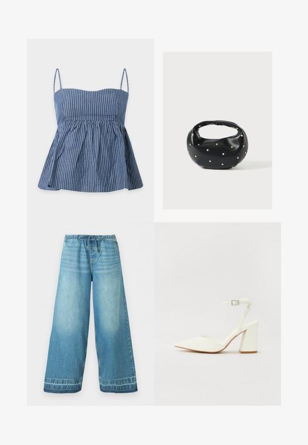 Haut sans manches à rayures verticales bleues et blanches avec fines bretelles et taille froncée, créant un ourlet évasé.; Pantalon en jean bleu clair à jambes larges avec une ceinture élastique et un cordon de serrage, poches avant et détails délavés subtils.; Sandale blanche à talon avec un bout pointu, sangle de cheville réglable et un talon carré épais. Texture lisse avec des détails de couture minimaux.; Sac à main en cuir noir de forme arrondie, décoré de clous argentés et équipé d'une poignée courte. Texture lisse et fermeture éclair.