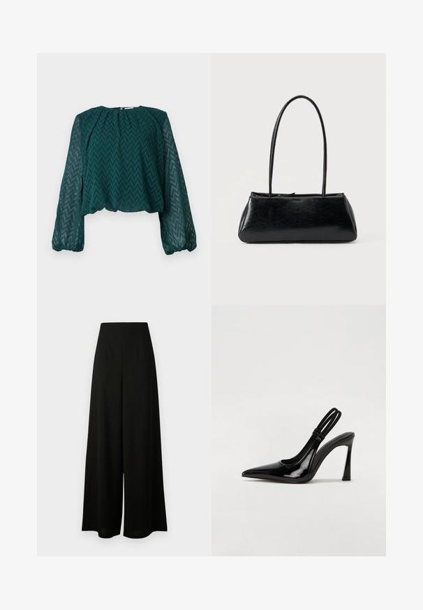 Donkergroen doorschijnend blouse met zigzagpatroon, lange pofmouwen en geraffineerde halslijn en zoom.; Vero Moda Tall VMLIVA SUPER WIDE PANTS - Broek - black; Zwarte gepatineerde leren slingback pump met puntige neus, slanke hoge hak en dubbele elastische band voor een veilige pasvorm. Gladde, glanzende oppervlakte.; Zwarte rechthoekige schoudertas met lange dunne banden en een gladde, glanzende textuur op een effen achtergrond.