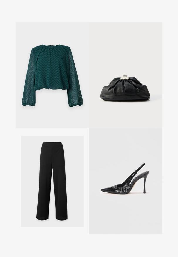 Dunkelgrüne transparente Bluse mit Zickzackmuster, langen puffigen Ärmeln sowie gerafftem Ausschnitt und Saum.; Schwarze, hoch taillierte Hosen mit weitem Bein, glatter Vorderseite ohne sichtbare Taschen oder Verschlüsse.; Schwarze Leder Slingback-Pumpe mit spitzer Zehe, geraffter Textur an der Vorderseite und hohem Stilettoschuh.; Schwarze Leder-Clutch mit geraffter Textur, Metallverschluss und dezentem, auf der Vorderseite geprägtem Logo. Abgerundete Form.