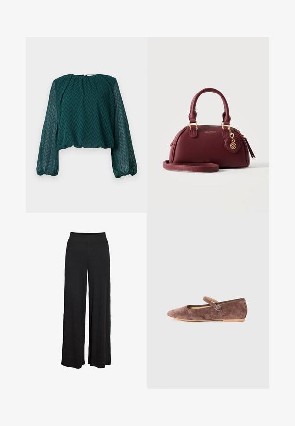 Donkergroen doorschijnend blouse met zigzagpatroon, lange pofmouwen en geraffineerde halslijn en zoom.; Zwarte wijde broek met een hoge elastische tailleband en subtiele geribbelde textuur, ontworpen voor een losse, comfortabele pasvorm.; Bruine suède Mary Jane balletflat met ronde neus, verstelbare band en lichtbruine zool op een witte achtergrond.; Bordeaux leren handtas met dubbele handgrepen, gouden rits, afneembare schouderriem, hartvormige bedel en "ANNA FIELD" logo aan de voorkant.