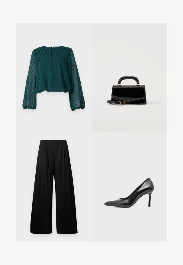 Dunkelgrüne transparente Bluse mit Zickzackmuster, langen puffigen Ärmeln sowie gerafftem Ausschnitt und Saum.; Schwarze weite Hose mit hoher Taille, versehen mit vertikalen Falten und einem Knopfverschluss. Glatte Textur, minimalistisches Design.; Schwarzer Damenspitzschuh aus Lackleder mit spitzer Zehenpartie und schlankem Absatz auf hellem, schlichter Hintergrund.; Schwarze glänzende rechteckige Handtasche mit oberem Griff, goldener Hardware und abnehmbarem Riemen, auf hellem einfarbigem Hintergrund platziert.