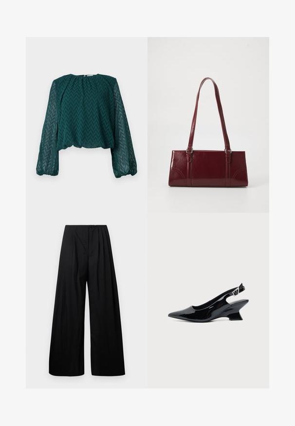 Dunkelgrüne transparente Bluse mit Zickzackmuster, langen puffigen Ärmeln sowie gerafftem Ausschnitt und Saum.; Schwarze weite Hose mit hoher Taille, versehen mit vertikalen Falten und einem Knopfverschluss. Glatte Textur, minimalistisches Design.; Schwarzer Slingback-Schuh aus Lackleder mit spitzer Spitze und niedrigem, schrägem Blockabsatz auf einfachem hellem Hintergrund.; Burgunderfarbene Handtasche aus glänzendem Material, rechteckige Form, mit zwei Schulterriemen und subtilen, geschwungenen Akzenten an der Vorderseite.