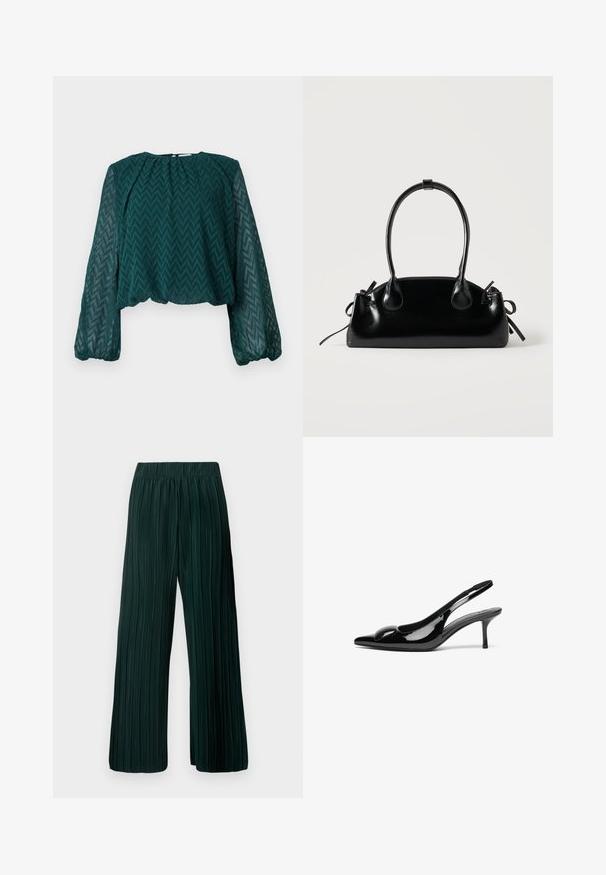Donkergroen doorschijnend blouse met zigzagpatroon, lange pofmouwen en geraffineerde halslijn en zoom.; Plissé wijde broek in donkergroen. Gemaakt van een zachte stof met een gestructureerd ontwerp en een elastische tailleband voor comfort.; Zwarte gepatineerde leren slingback hakken met een puntige neus en een glanzende afwerking. Heeft een slanke hak en een ronde accent op de bovenkant.; Kleine zwarte glanzende handtas met twee lange hengsels en zijkant trekkoord details op een effen lichte achtergrond.