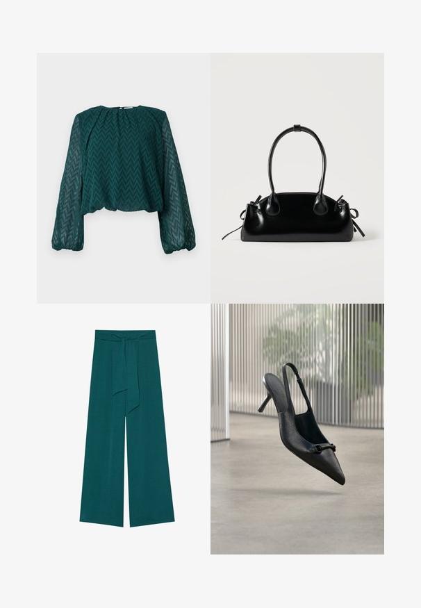 Dunkelgrüne transparente Bluse mit Zickzackmuster, langen puffigen Ärmeln sowie gerafftem Ausschnitt und Saum.; Hosen mit weitem Bein in einem tiefen Teal-Ton mit strukturierter Oberfläche, ausgestattet mit einem gebundenen Bund für eine verstellbare Passform und einer fließenden Silhouette.; Schwarzer, strukturierter Leder-Slingback-Hochschuh mit spitzer Spitze und einer kleinen dekorativen Schnalle, der über einem glatten Boden zu schweben scheint.; Kleine schwarze glänzende Handtasche mit zwei langen Griffen und seitlichen Kordelzug-Details vor einfachem hellem Hintergrund.
