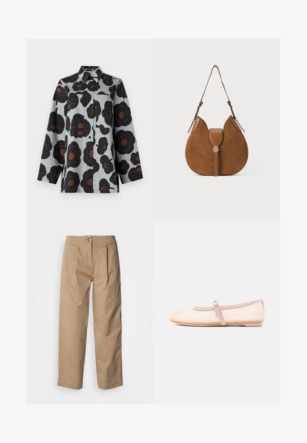 Langærmet skjorte med knapper, grå baggrund og stort sort og brunt blomsterprint, med to forlommer og krave.; Beige, højtaljede bukser med lige ben, plissédetaljer og knaplukning. Fremstillet af let bomuldsstof med en glat tekstur.; Lys beige flad sko med spidst tåparti og en enkelt rem med spænde på siden, vist på en ensfarvet hvid baggrund.; Brun ruskind skuldertaske med et buet design, der har en læderrem og en gylden logoaccent på den forreste flap. Glat tekstur.