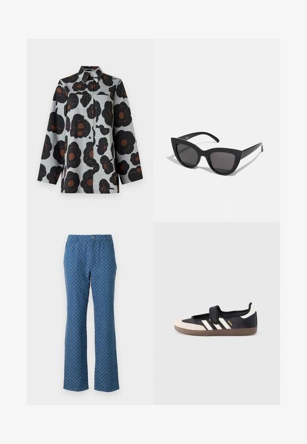 Camisa de manga larga con botones, con fondo gris y un gran estampado floral en negro y marrón, que cuenta con dos bolsillos frontales aplicados y un cuello.; Pantalones azules de diseño acampanado, con un patrón de diamantes y un cierre de botón en la parte delantera. Textura de tela suave.; Zapatilla negra y beige con una correa de velcro, tres rayas blancas en el lateral y una suela de goma marrón texturizada. Logotipo de la marca visible.; Gafas de sol negras en forma de ojo de gato con un acabado mate, que presentan lentes ahumados grises, ángulos pronunciados y brazos laterales elegantes. Nombre de la marca visible en el interior del brazo.