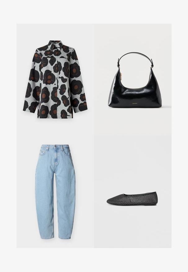 Overhemd met lange mouwen en knopen, met een grijze achtergrond en een groot zwart- en bruin bloemenpatroon, voorzien van twee opgestikte borstzakken en een kraag.; Lichtblauwe rechtvallende jeans met hoge taille, voorzien van een knopen- en ritssluiting aan de voorkant, riemlussen en vijf zakken, inclusief een klein muntzakje.; Zwarte mesh balletschoenen met een spitse neus, een textuur bovenkant met een geometrisch patroon, en een platte rubberen zool.; Zwarte glanzende Calvin Klein handtas met gouden rits en korte band tegen een effen witte achtergrond.