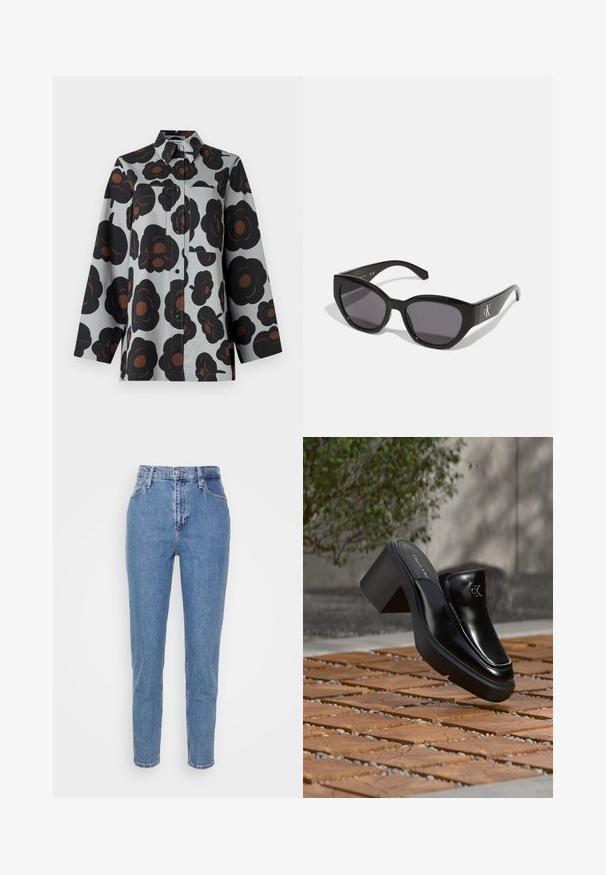 Overhemd met lange mouwen en knopen, met een grijze achtergrond en een groot zwart- en bruin bloemenpatroon, voorzien van twee opgestikte borstzakken en een kraag.; Blauwe high-waisted straight-leg jeans met een knoop en rits aan de voorkant, riemlussen en zakken, weergegeven op een effen witte achtergrond.; Zwarte leren Calvin Klein slip-on mule met blokhak rustend op houten tegels buiten, vlak bij een groene plant en een grijze muur.; Zwarte zonnebril met een strak, hoekig ontwerp, donkere lenzen en een contrasterend zilveren logo aan de zijkant. Glad kunststof oppervlak.