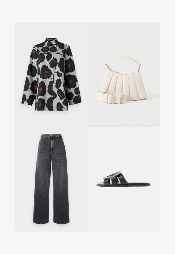 Camisa de manga larga con botones, con fondo gris y un gran estampado floral en negro y marrón, que cuenta con dos bolsillos frontales aplicados y un cuello.; Jeans de tiro alto y pierna ancha en denim gris oscuro con detalles desgastados, que cuentan con un cierre frontal de botón y un diseño tradicional de cinco bolsillos.; Sandalia plana negra con tiras tejidas de cuero y puntera abierta, mostrada de perfil lateral sobre un fondo claro.; Bolso blanco plisado con asa corta y una correa de hombro ancha y extraíble con textura y hebilla plateada.